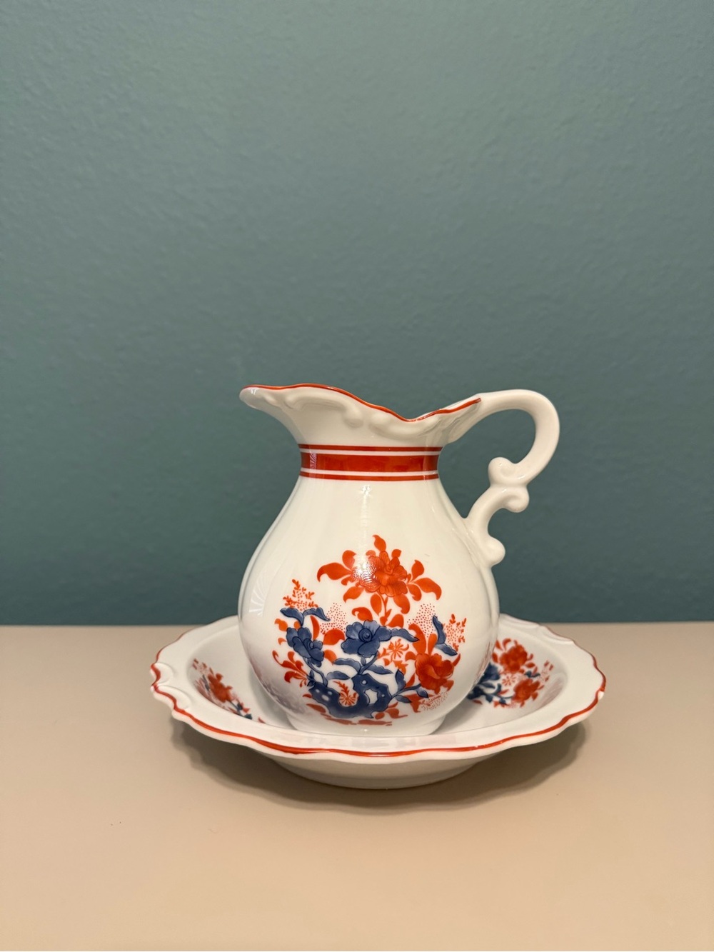 Mann "NARA" Porcelain 1976 Pitcher and Bowl Rust & Blue Floral CIRCA 1580 Rare